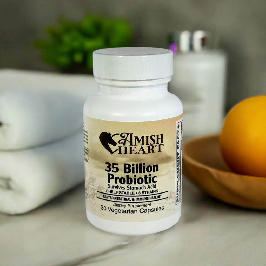 Bottle of 35 Billion Probiotic Supplement with label displaying key ingredients and benefits, ideal for enhancing digestive and immune health