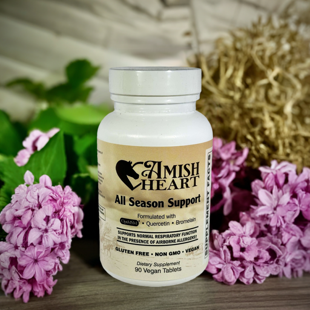 Bottle of All Season Support vegan tablets, designed to alleviate seasonal allergies with natural ingredients, displayed in a clear and informative packaging.