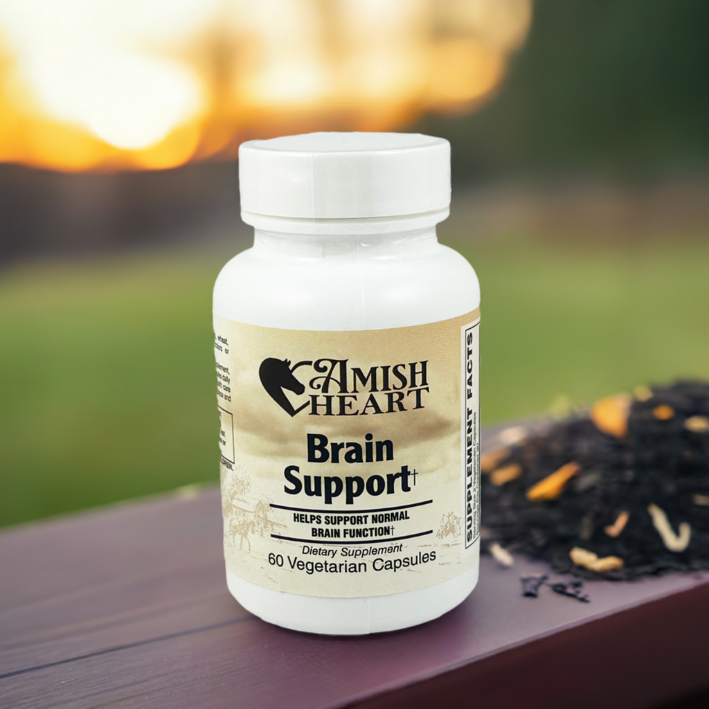 Bottle of Amish Heart Brain Support, a vegetarian supplement to enhance cognitive function and vitality.