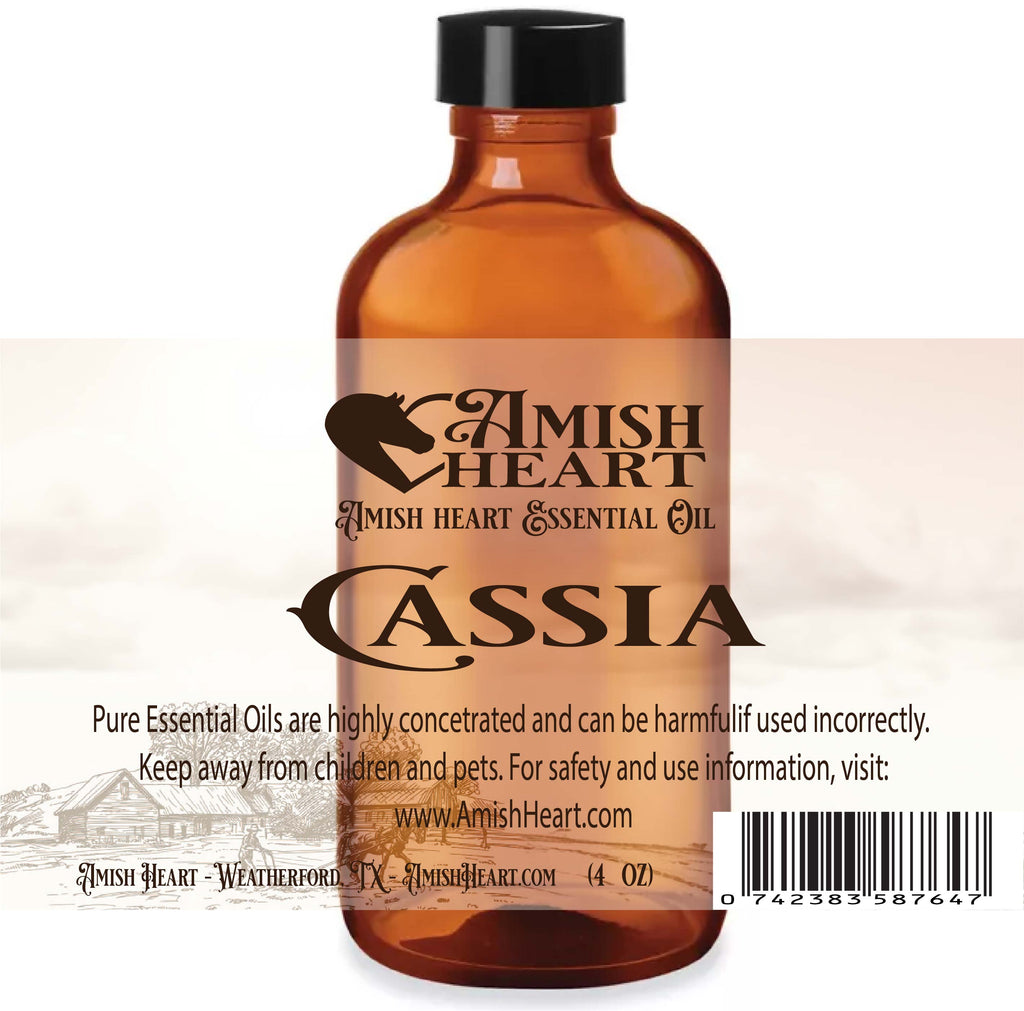 Cassia Essential Oil by Amish Heart, featuring a warm and spicy aroma, made from organic cassia bark.