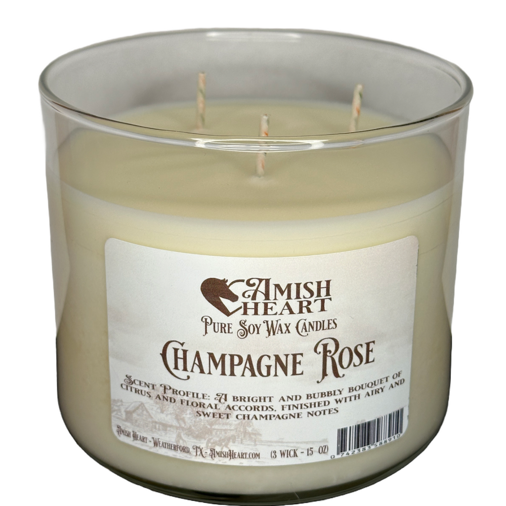Champagne Rose Soy Candle by Amish Heart, featuring a bright and bubbly bouquet of citrus, floral, and champagne notes.