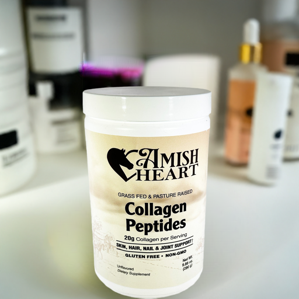 Collagen Peptides Powder by Amish Heart, pure and unflavored with 20g of grass-fed, non-GMO bovine collagen per serving.
