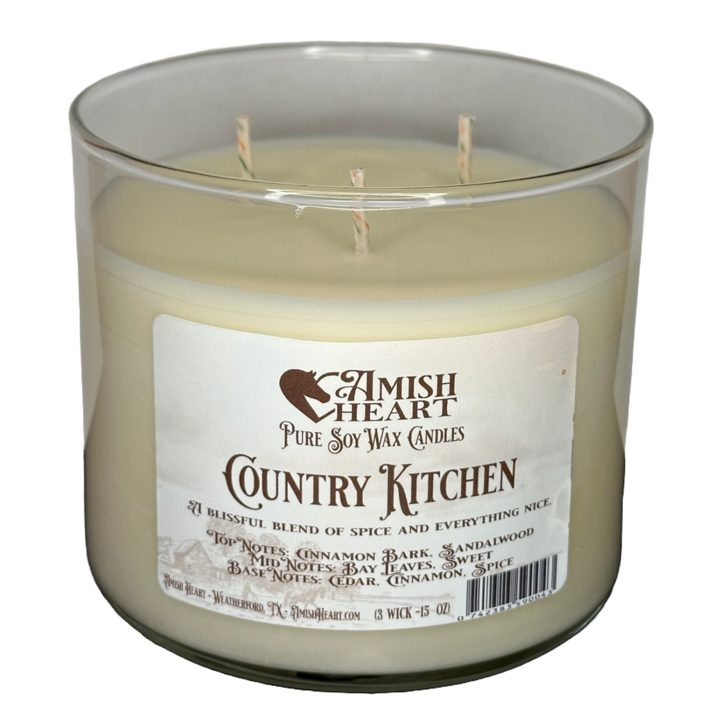 Country Kitchen Soy Candle by Amish Heart, featuring notes of cinnamon, sandalwood, and cedar, made from natural soy wax.