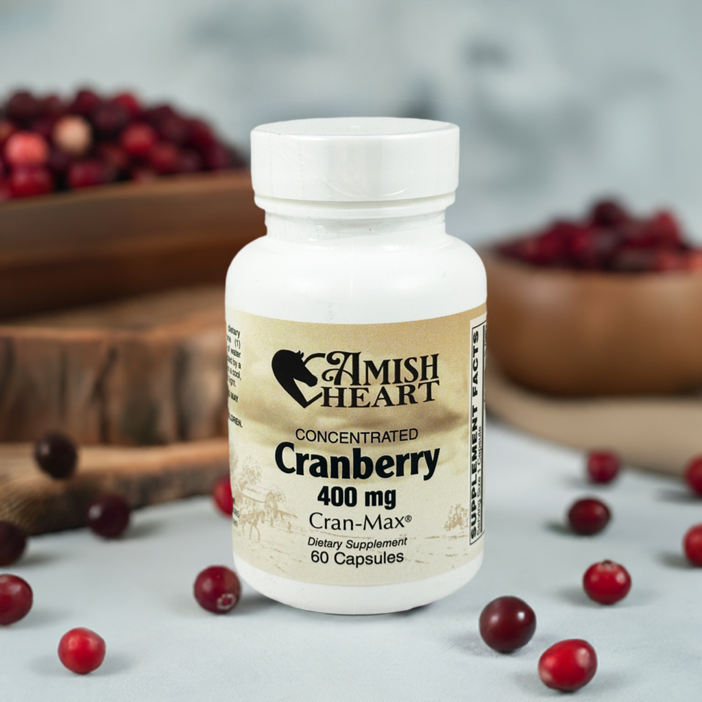 Cran-Max Concentrate by Amish Heart, featuring 400mg of 100% cranberry fruit solids per capsule for enhanced urinary tract support.