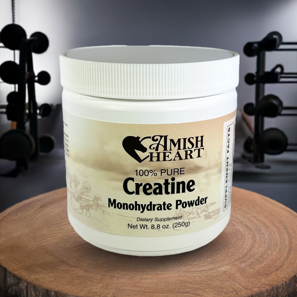 Creatine Monohydrate Powder by Amish Heart, a pure, vegan, and pharmaceutical-grade supplement for enhanced workouts and muscle growth.