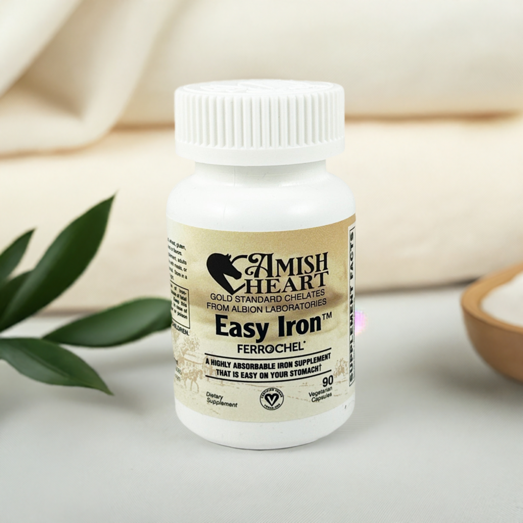 Easy Iron - 25mg Capsules by Amish Heart, featuring gentle, vegan Ferrochel® Iron for optimal absorption and digestive comfort.