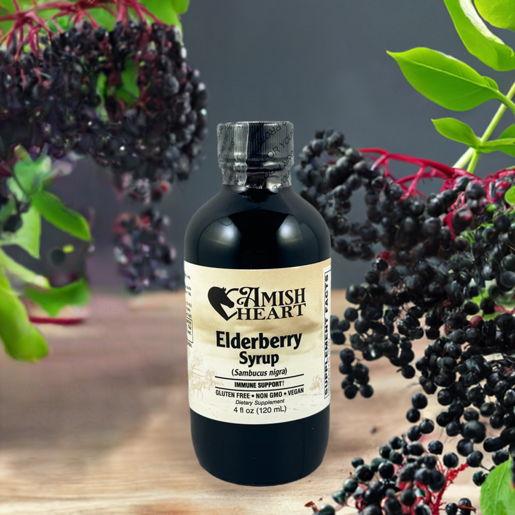 Elderberry Syrup by Amish Heart, organic and sugar-free, providing potent immune support with 6,400 mg of elderberry extract per serving