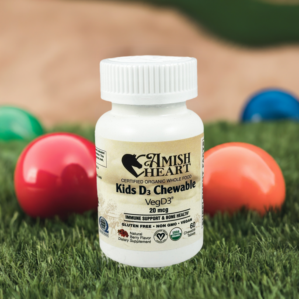 Certified Organic Whole Food Kids D3 Chewable by Amish Heart, a berry-flavored, plant-derived Vitamin D3 supplement for children's health.